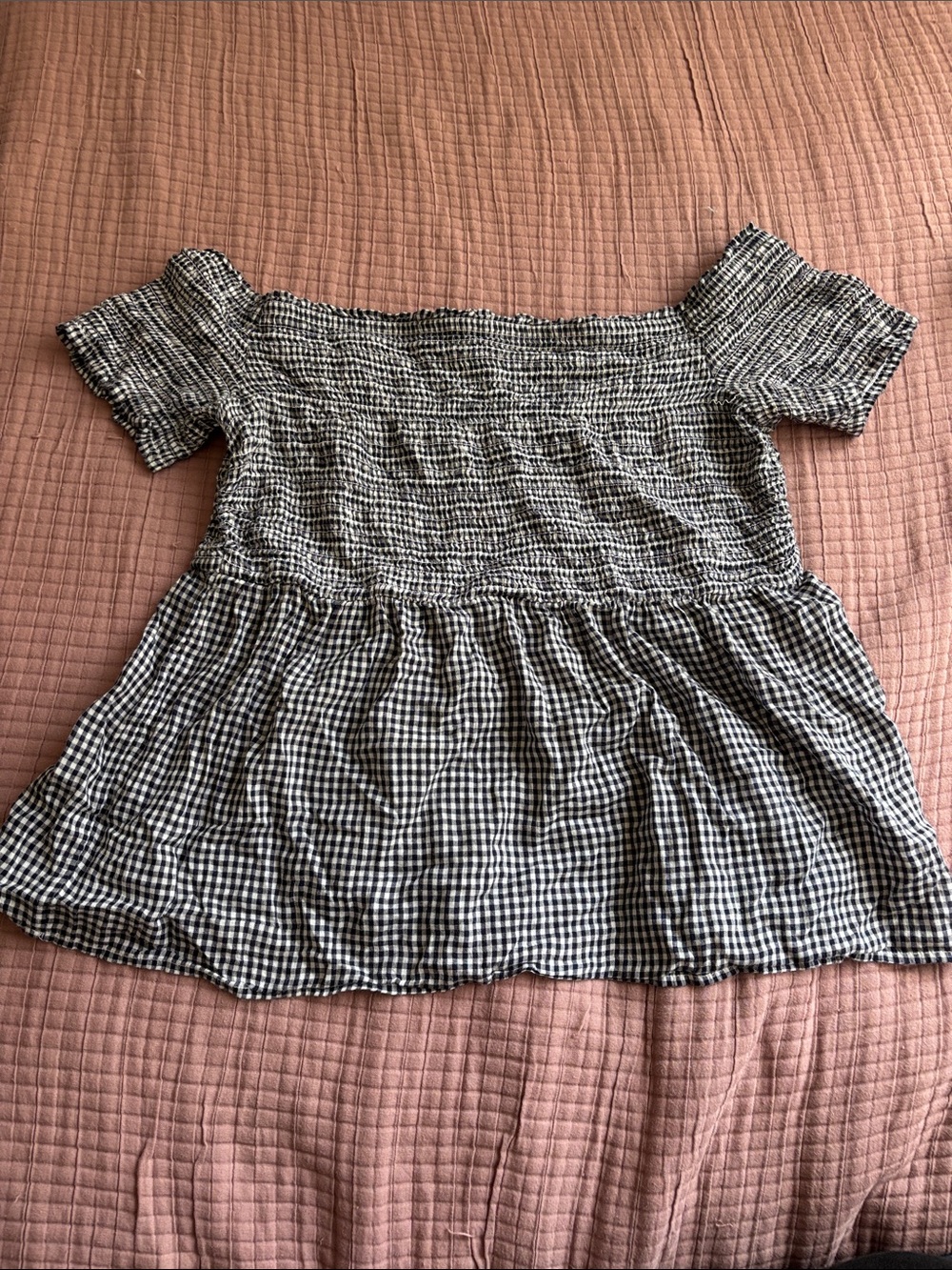Old Navy Black and White Gingham Off-Shoulder Smocked Crop Top